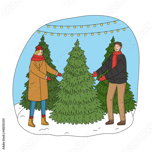 Young happy couple choosing Christmas tree for home decoration
