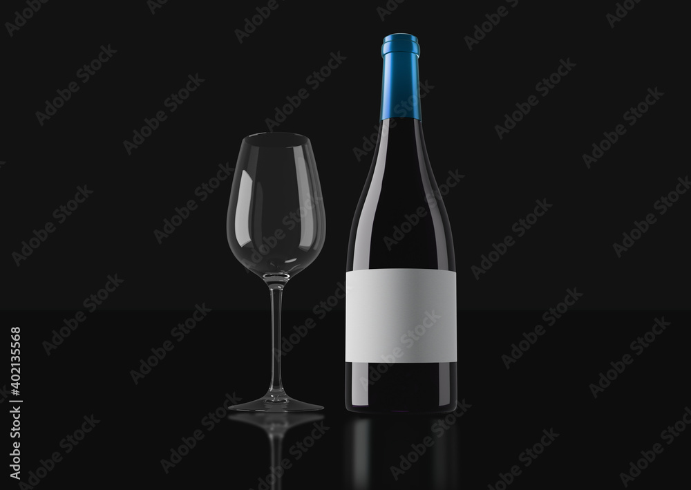 Bottle of red wine and a glass cup in a dark background