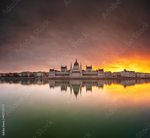 Wonderful sunset over the Hungarian Parliament in Budapest in winter