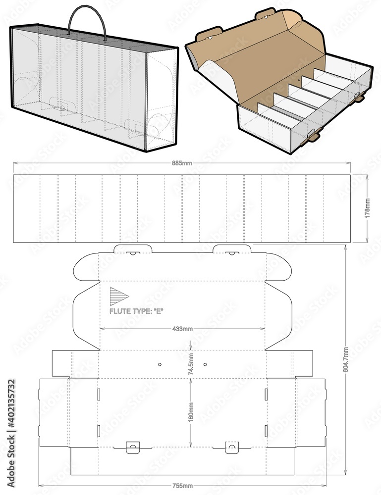 427 flute B Box With Handle and Die-cut Pattern. The .eps file is full ...