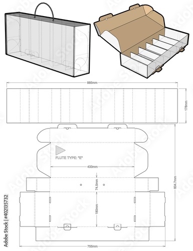 427 flute B Box With Handle and Die-cut Pattern. The .eps file is full scale and fully functional. Prepared for real cardboard production.
