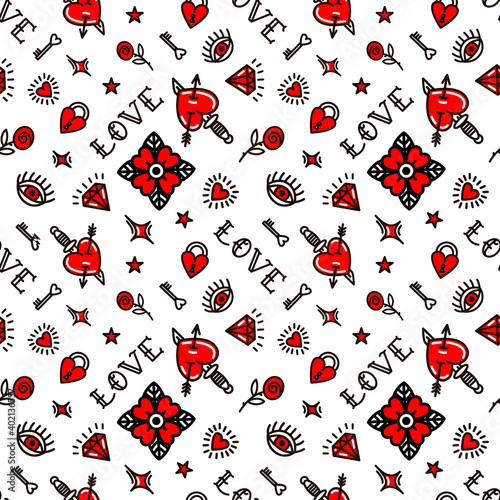 Old school tattoo seamless pattern with love symbols. Vector illustration. Design For Valentine's Day, Stilts, Wrapping Paper, Packaging, Textiles