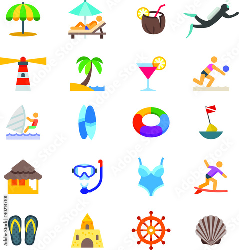Wallpaper Mural Beach life icons umbrella coconut sea diving lighthouse coconut tree cocktail beach volleyball surf board surfing life guard beach house diving googles swim suit slippers sand house boat wheel shell Torontodigital.ca