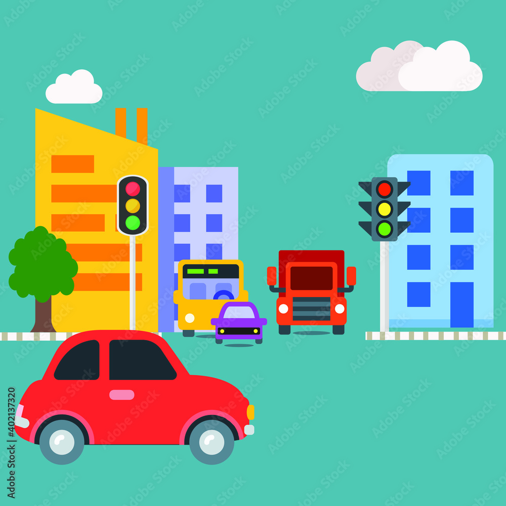 City life with tall multistore buildings with traffic lights and vehicles like car bus truck waiting in main road for signal in broad day light with clouds in sky