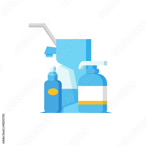 Sanitizer, three types of hand antiseptics or sanitzers. Flat illustration of sanitizers on white background.