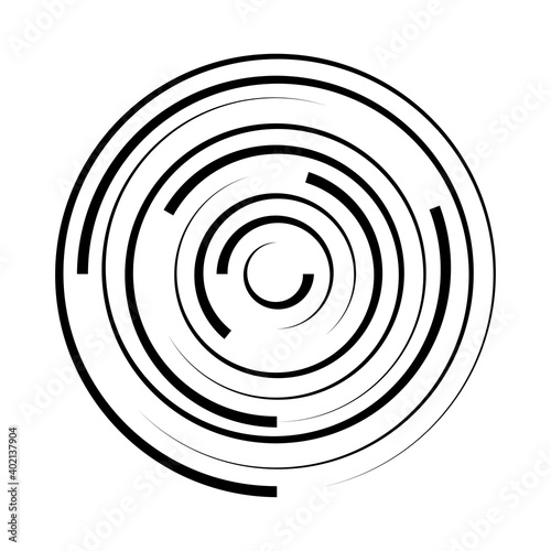 Abstract spiral circle geometric shape. Swirl concentric round background. Vortex pattern. Flat line speed design element. Vector illustration.