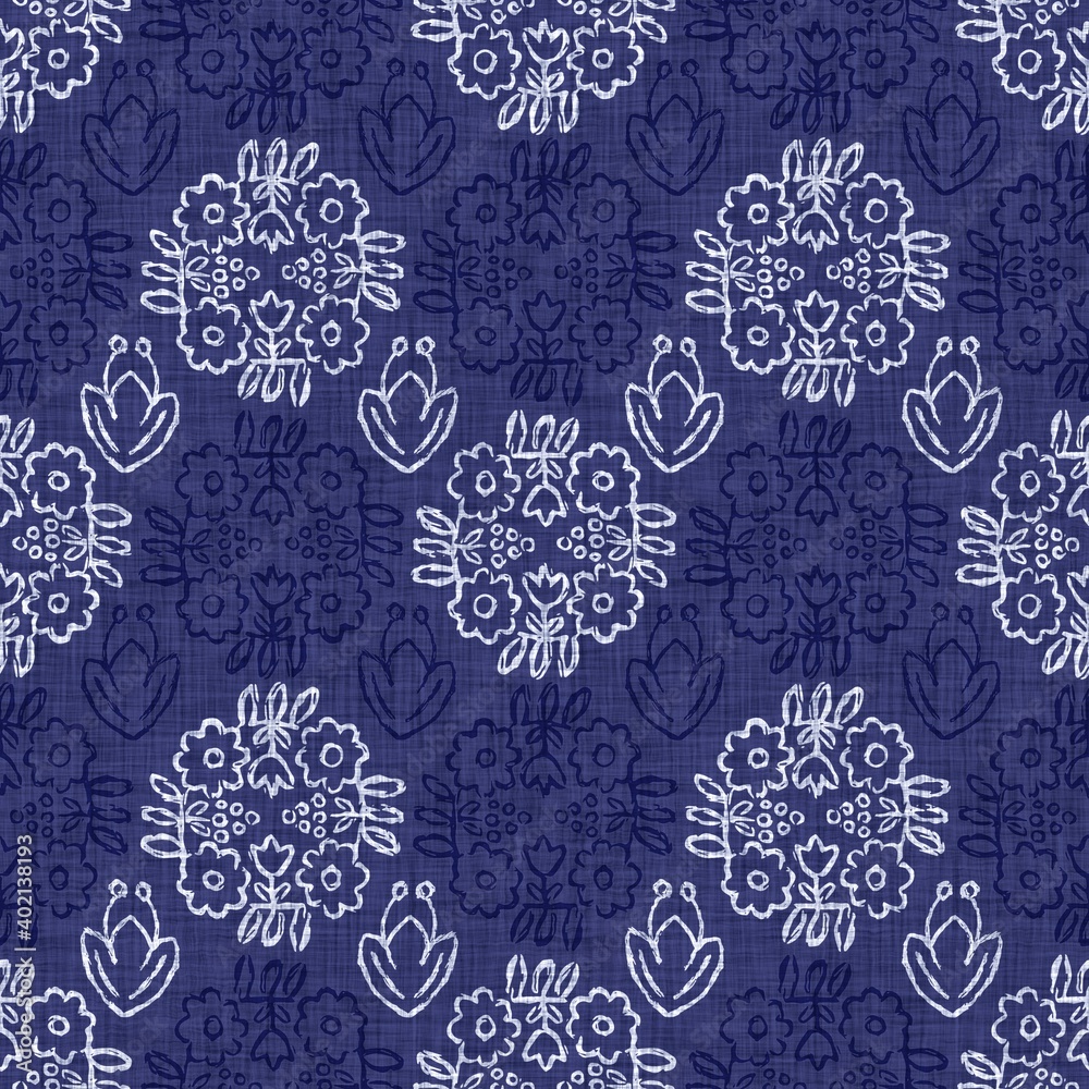 Indigo blue flower block print dyed linen texture background. Seamless