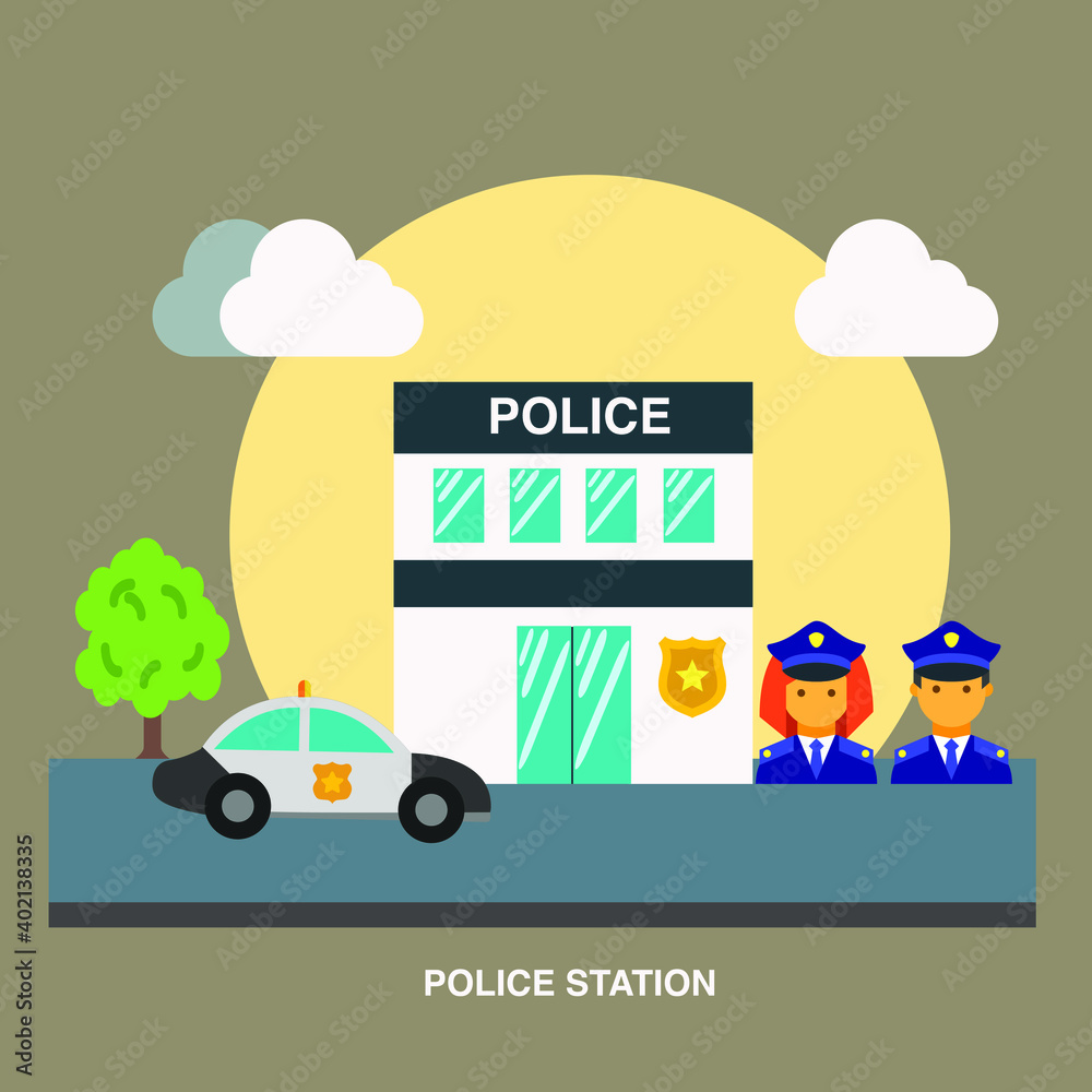 Police station flat concept icons with lady and male police and car in front of station on a road with clouds and trees Police station flat concept icons with lady and male police and car in front of station on a road with clouds and trees