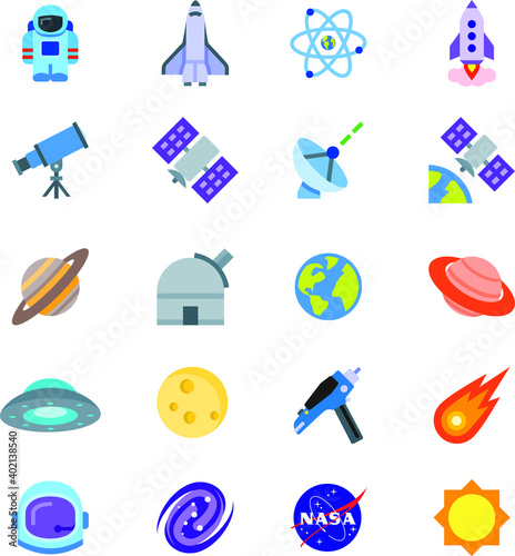 Space icon set collection of astronaut spaceship atoms rocket telescope satellite rotating earth planet earth Venus planetarium Jupiter UFO moon laser gun asteroid galaxy NASA sun