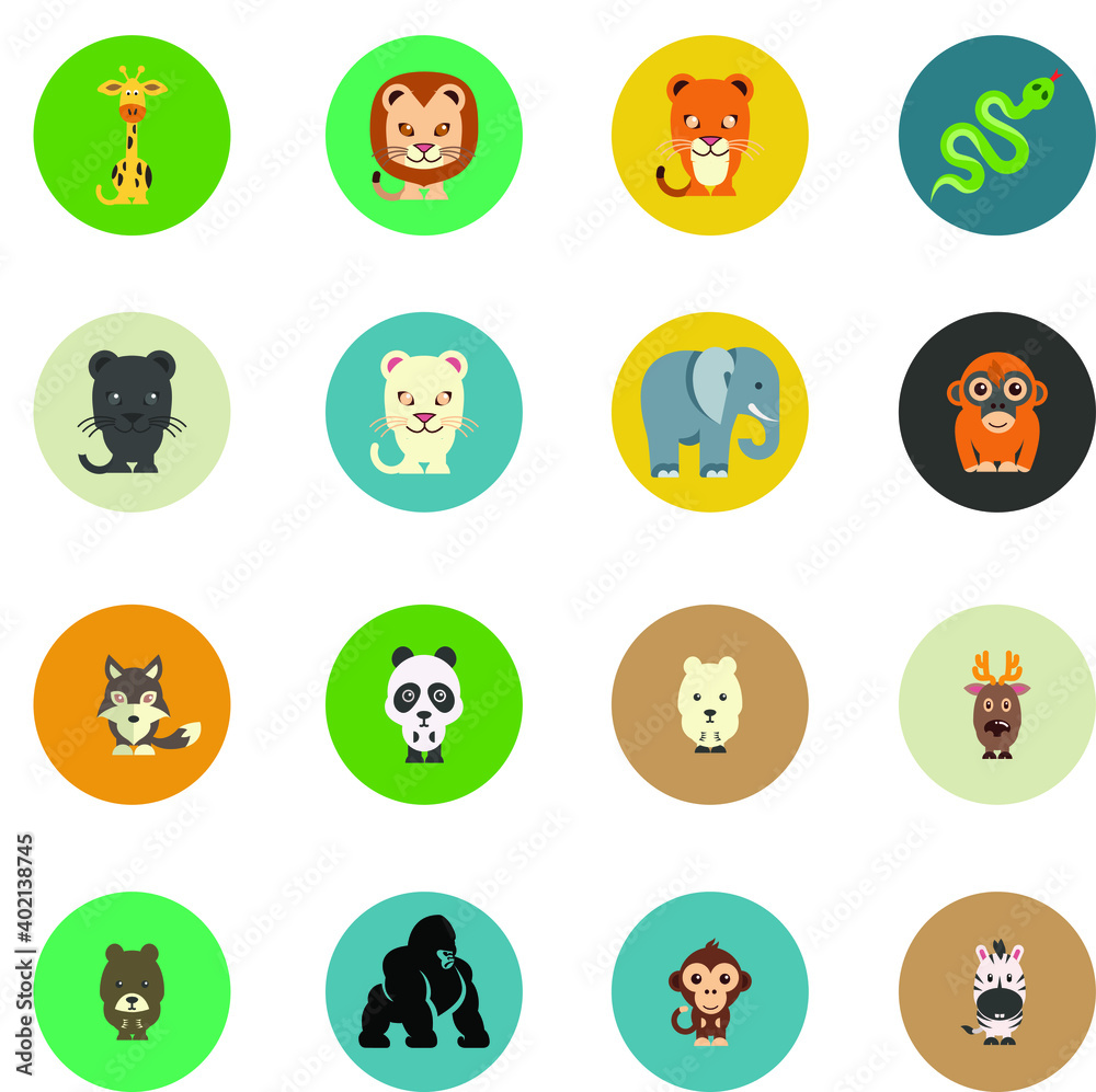 Obraz premium Wild animals icons of giraffe lion lioness snake panther black cat white cat elephant monkey wolf panda zebra gorilla bear polar bear deer 