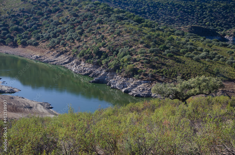 Torrejon Tietar reservoir and mediterranean forest. Monfrague National Park. Caceres. Extremadura. Spain.