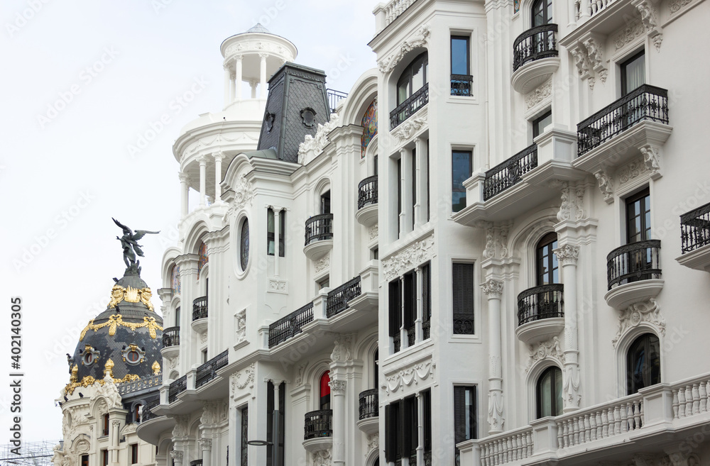 La Union y El Fenix white building facade at Alcala Street in downtown Madrid. Most representative skyline in the capital of Spain