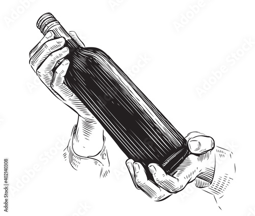 Bottle of wine in hand. Alcoholic drink sketch vintage vector illustration