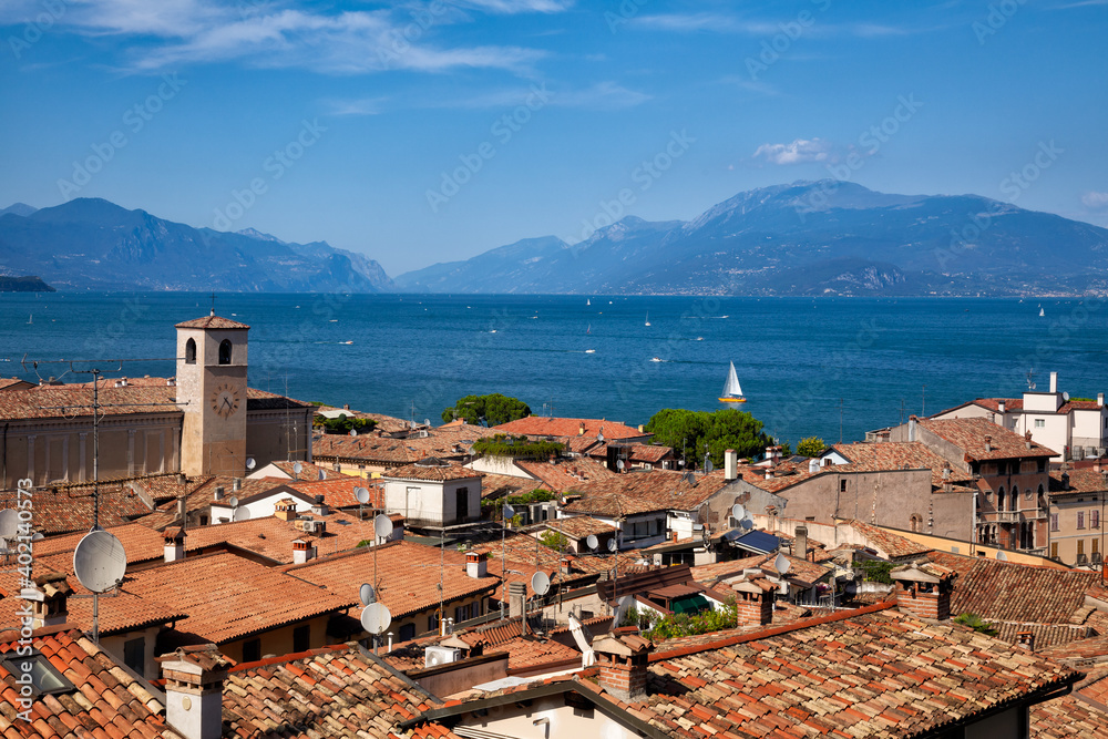 Rooftop view of Desenzano del Garda, a resort town on the southern shore of Lake Garda in  Northern Italy. Lake Garda is the largest lake in Italy and a popular holiday location