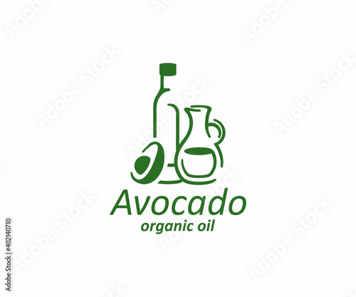 Bottle with oil and fresh avocado half logo design. Glass jug with avocado oil vector design, logotype