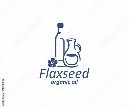Essential oil of linseed in the glass bottle and jug logo design. Flax seed oil and flax flower vector design. Flaxseed logotype