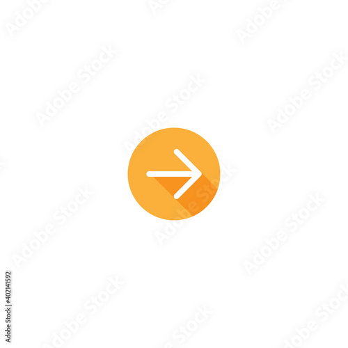 white right arrow with shadow in orange circle icon. Isolated on white.