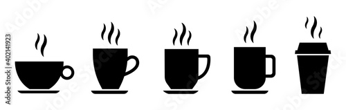 Coffee cup icon set. Cups for coffee and tea. Cup with steam isolated on white background. Hot drink silhouette. Vector illustration eps10.