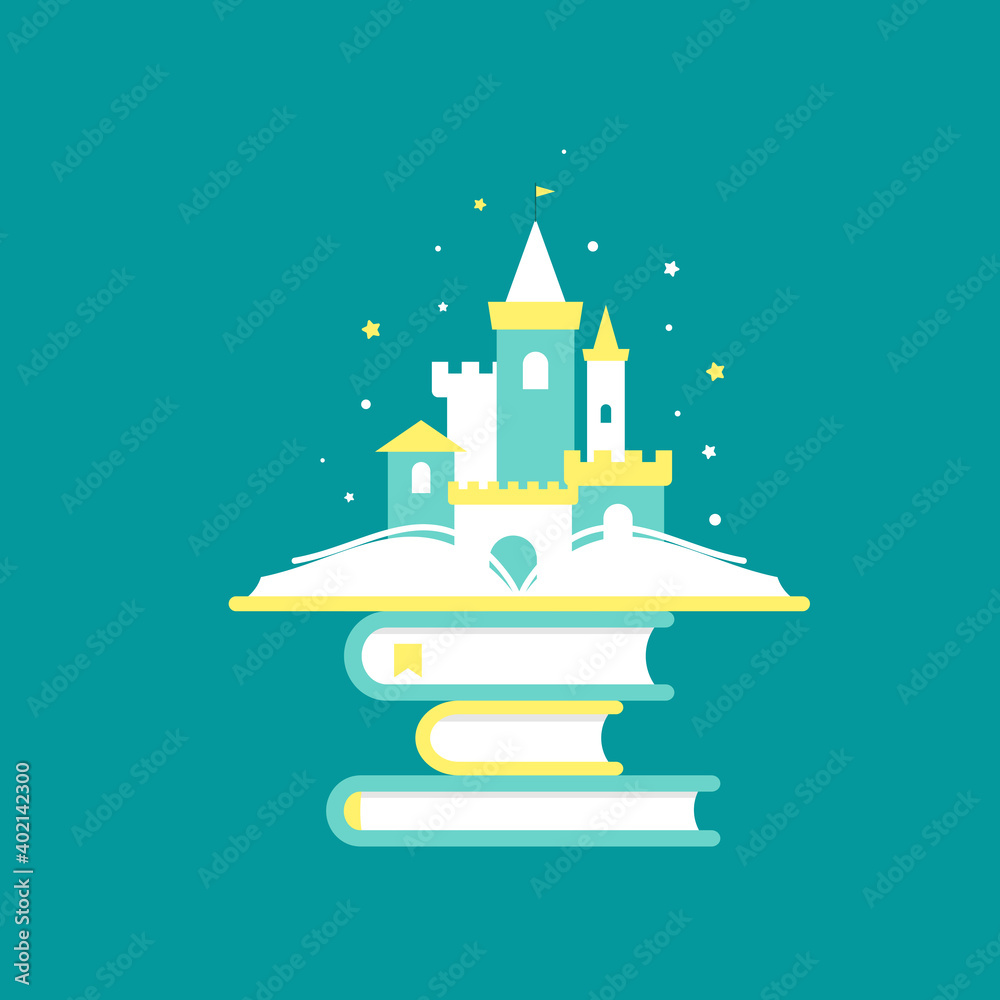 Books stack with castle and stars isolated on powder blue background. Vector illustration. Books stack with castle and stars isolated on powder blue background. Vector illustration.