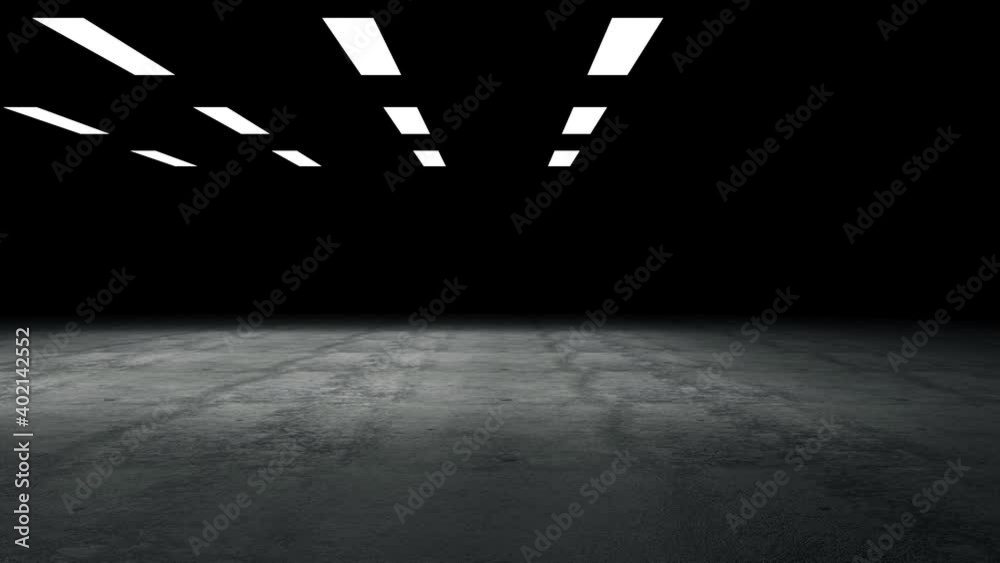 4K Animation of Lamps Turn On and Illuminated Empty Concrete Floor in Warehouse