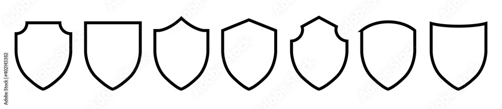 Black line shield icon set in vintage style. Protect shield security icons. Badge quality symbol, sign, logo, emblem. Vector illustration.