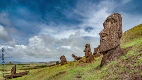 Time-lapse of Moai statues at Rano Raraku Volcano at Easter Island, Rapa Nui National Park, Chile. photo