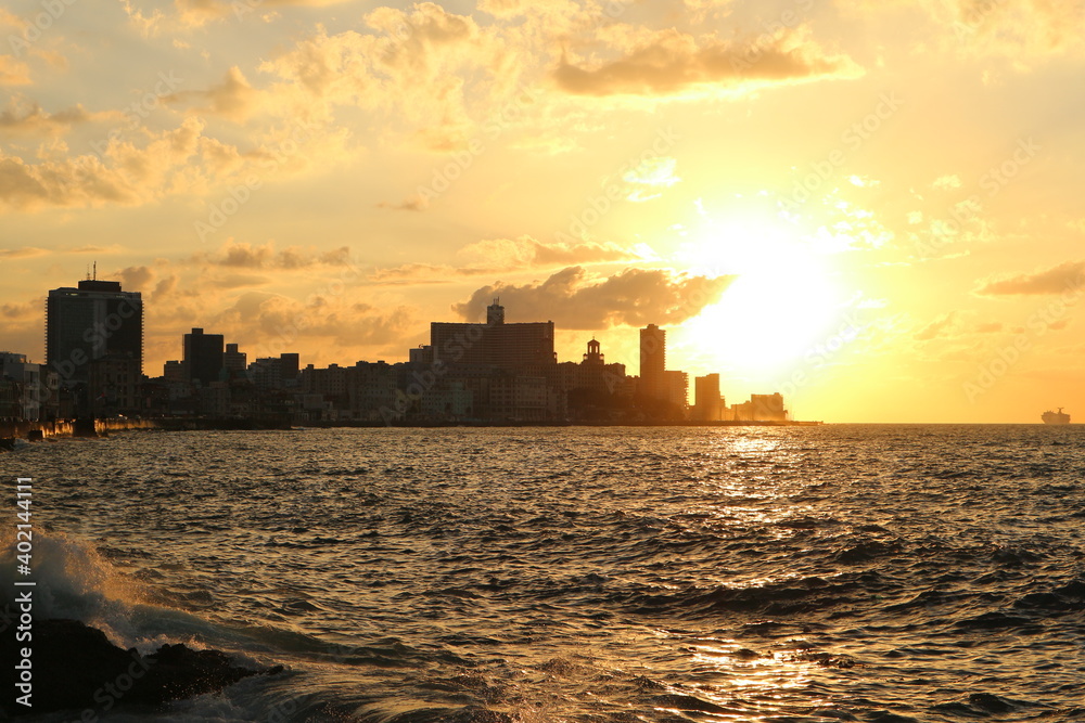 Sunset of Malecon in Havana, Cuba.
Malecon mean seawall.