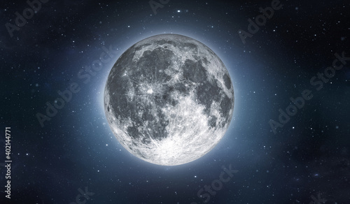 Full moon on sky with stars. Image in high resolution. Bright lunar satelite. 