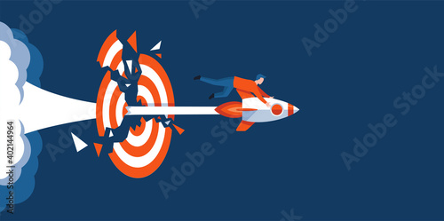 businessman flying on rocket and piercing a target