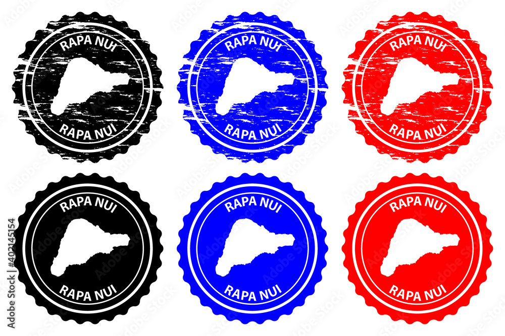 Rapa Nui - rubber stamp - vector, Easter Island map pattern - sticker - black, blue and red