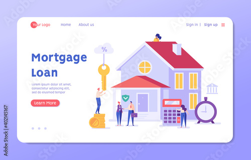 Family Buying House with Bank Credit, Shaking Hands with Real Estate Agent. Woman Calculating Mortgage Rates. Concept of Mortgage Loan, Real Estate Property, Home for Sale. Vector illustration