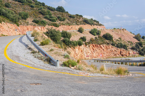 Aerial view over curved mountain road, Datca, Turkey