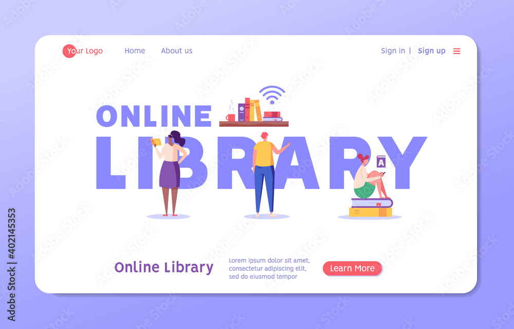 Online Library. People Reading Book with Digital Library Service. Users Studying with Archive of Book. Concept of Electronic Library, Online Book Store, Ebook. Vector illustration for Web Design