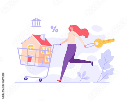 House for Sale. Woman Buying Home with Key and Shopping Cart. People Choosing House Online. Concept of Purchase Real Estate, Buy House, Mortage. Vector illustration for Web Design, Landing Page