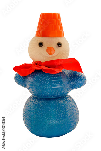 children's toy blue snowman with a red bow