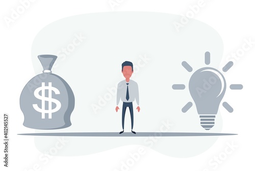 Man Standing in the middle between Idea Lightbulb and money bag. Idea or money. Business concept. Vector flat design illustration.