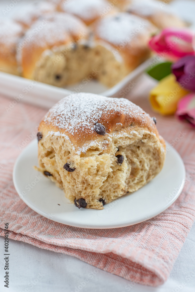 Fluffy homemade austrian powdered buchteln with chocolate chips