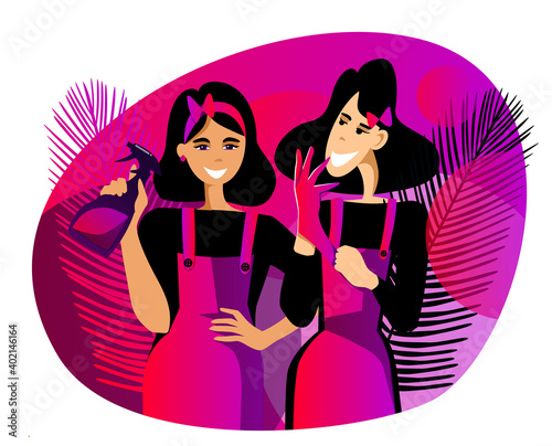 Two smiling cleaning ladies in overalls, gloves and with detergent in their hands. Vector illustration.