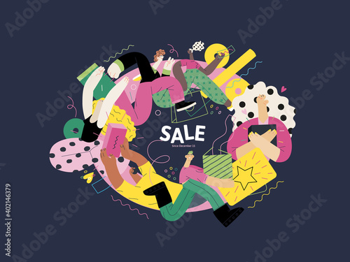 Discounts, sale, promotion vignette - modern flat vector concept illustration of people crowd running in the pursuit of the discounts, with a big percent sign on the background © grivina
