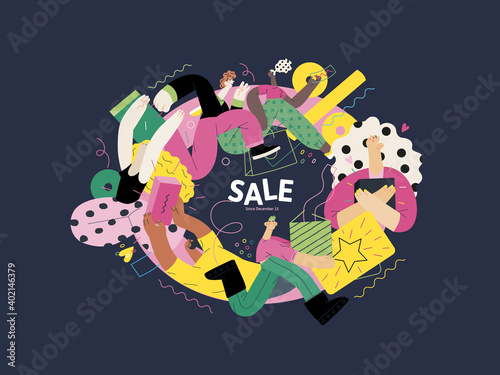 Discounts, sale, promotion vignette - modern flat vector concept illustration of people crowd running in the pursuit of the discounts, with a big percent sign on the background