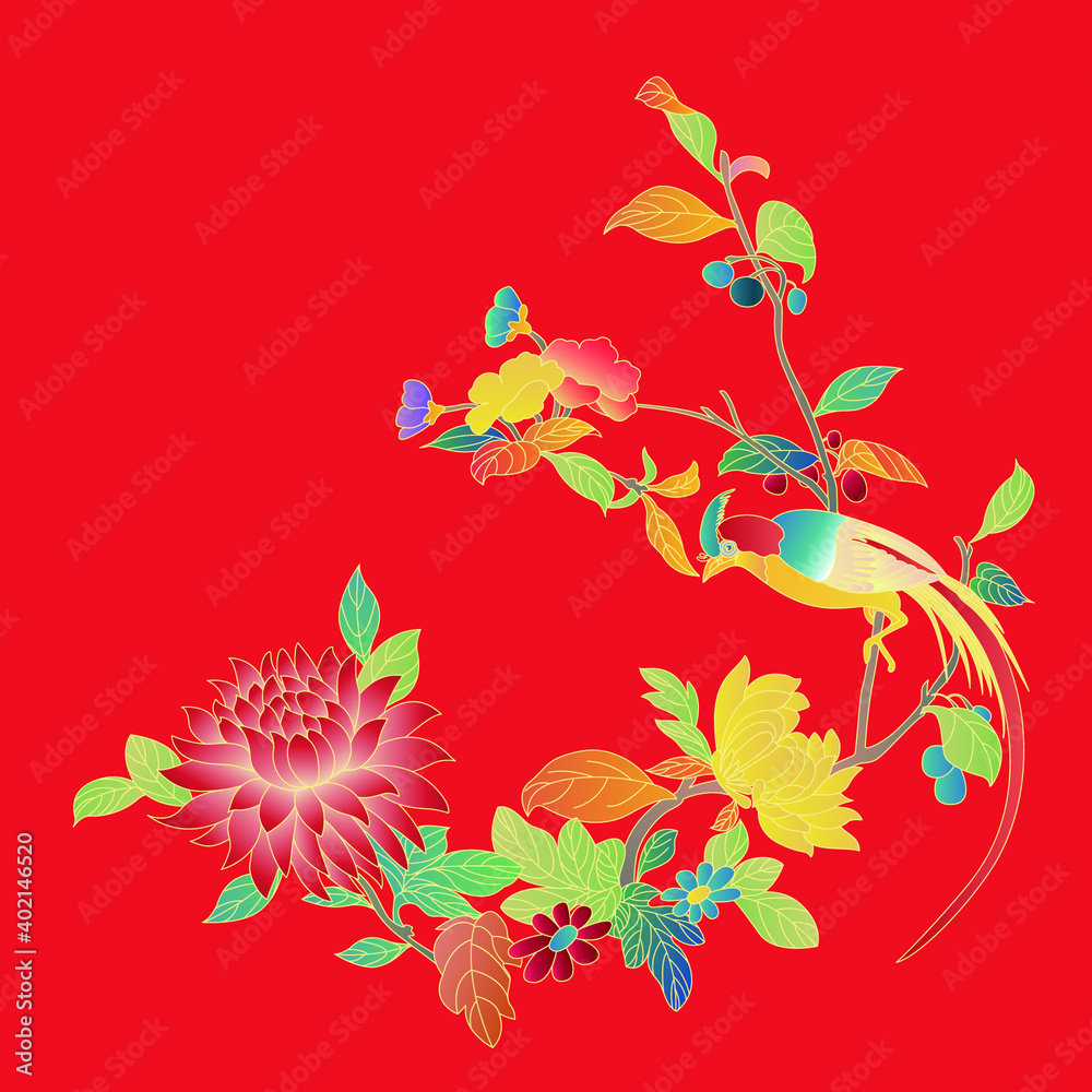 Fototapeta premium Vector illustration of Chinese style flowers, birds and flowers