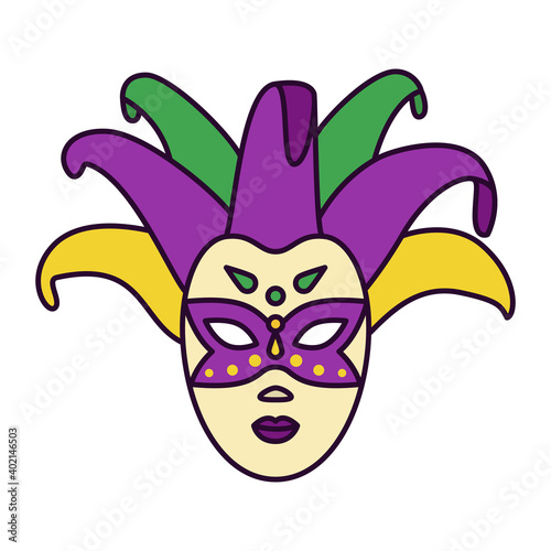 Bright icon with mystic venetian mask in jester hat, traditional purple, green and yellow palette. Symbol of mystery, theatre, show, masquerade, Mardi Gras or Fat Tuesday - vector pictogram