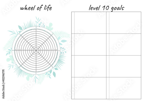 Printable A4 paper sheet with tropical leaves and Wheel of Life - diagram with blank lines to fill. Coaching tool for bullet journal page, daily planner template, blank for notebook.