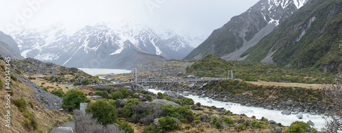 Mountain and Lake Winter Landscapes near Aoraki - Mount Cook National Park at Tasman Lake on the South Island of New Zealand. photo
