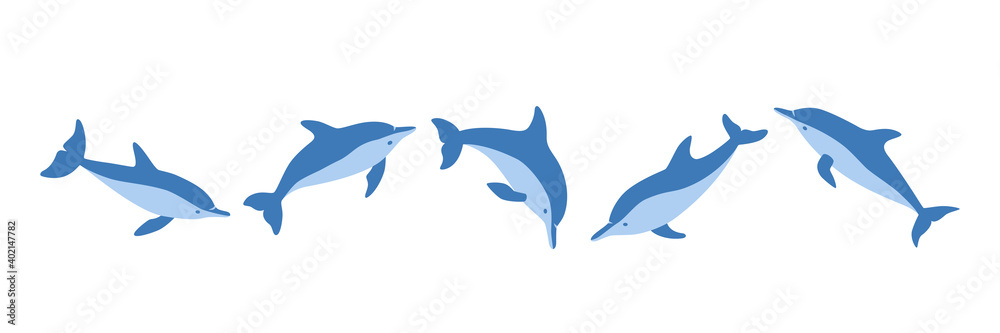 Obraz premium Set of hand drawn dolphins. Isolated vector illustration in flat style on white background