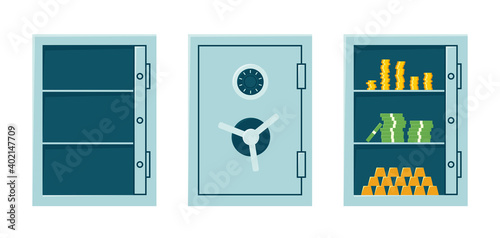 Closed bank safe, open empty safe and cabinet with money and gold bars. Steel strongbox with combination lock. Bank box and set of coins and banknotes. Isolated vector illustration in flat style