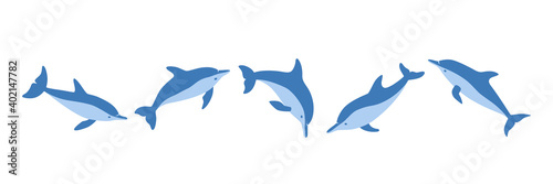 Set of hand drawn dolphins. Isolated vector illustration in flat style on white background