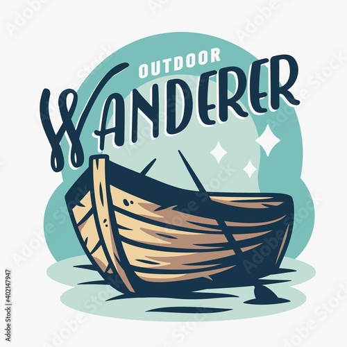Marine boat or rowboat on the waves. Nautical wanderlust and adventure illustration. Travel outside