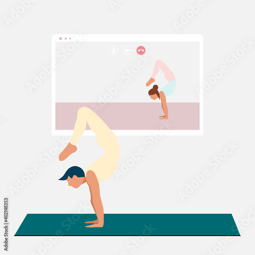 A young man standing in scorpion pose and watching online yoga practice on TV or projector. Stay home concept. Home activity during quarantine. Online courses, education. Eps 10.