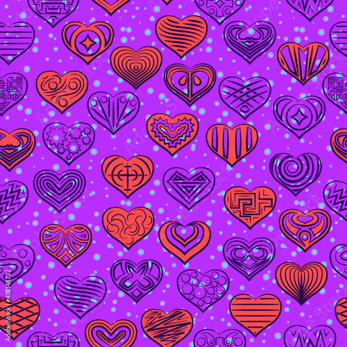 Valentine Holiday Seamless Background, Hearts with Abstract Pattern. Vector